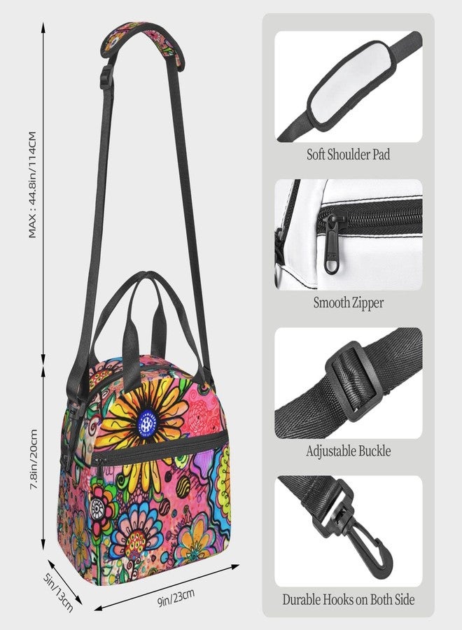 Perinsto Hippie Art Flower Lunch Bag Reusable Insulated Lunch Tote Bag Lunchbox Container With Adjustable Shoulder Strap For Office Work School Picnic Travel - Image 3